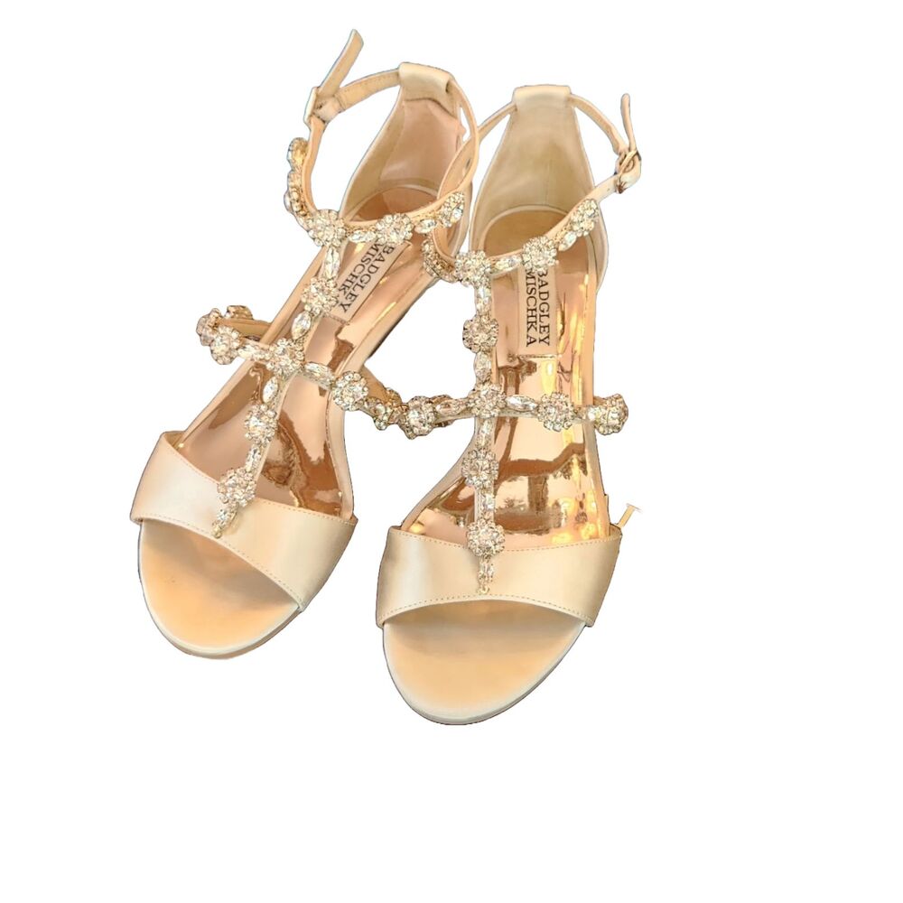 Badgley Mischka Ivory Satin Rhinestone Wedge 6